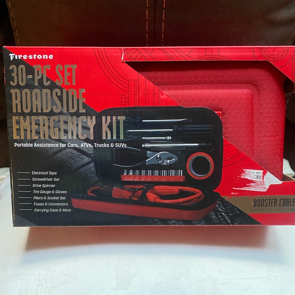 FIRESTONE Roadside Emergency 30-Pc Set JumperCables Fuses Tire Gauge Pliers NEW
